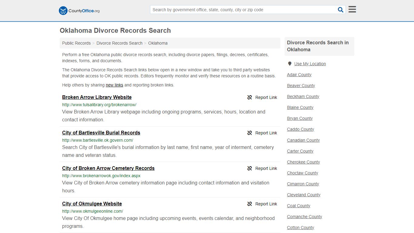 Oklahoma Divorce Records Search - County Office